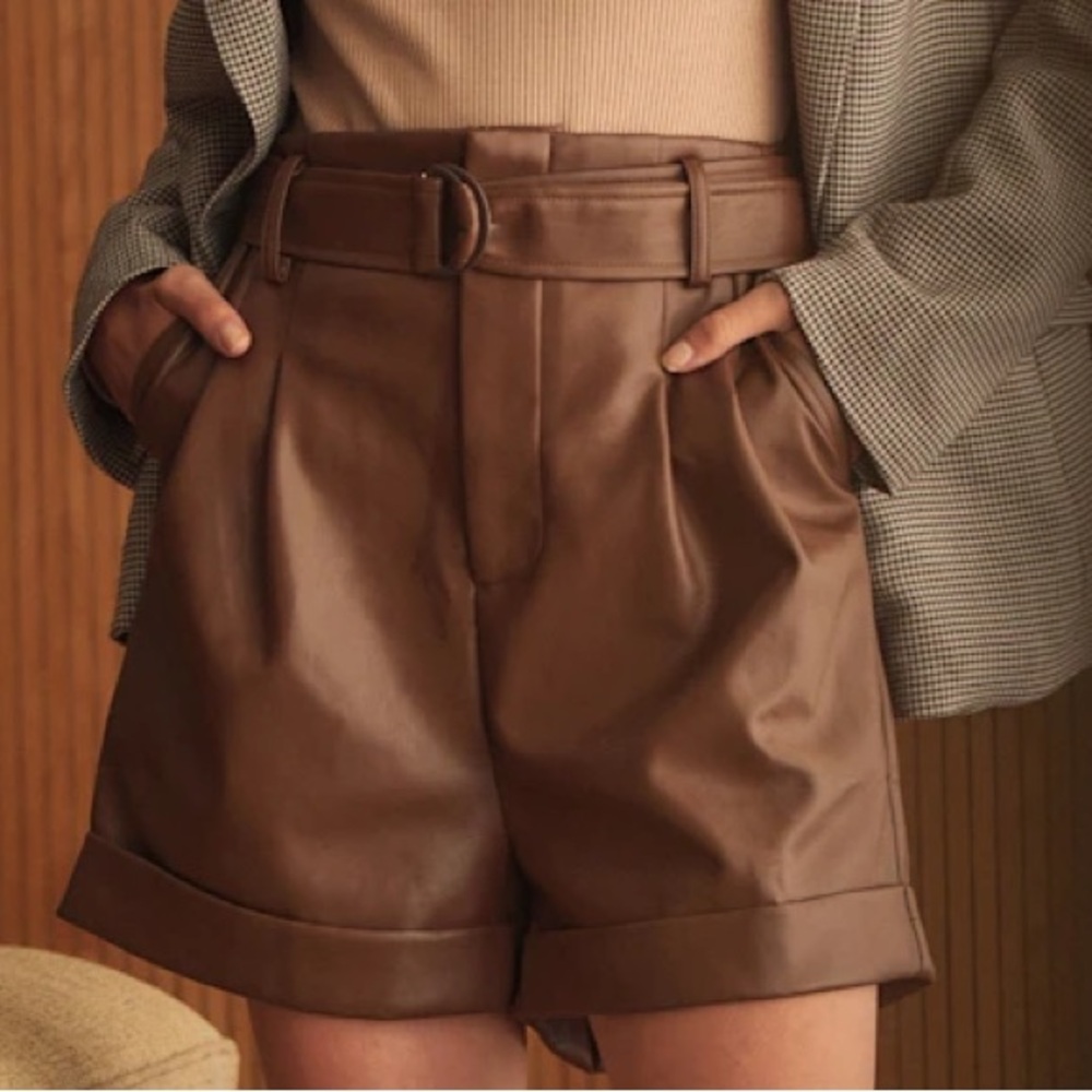 Lulus Take a Ride Vegan Faux Leather PaperBag Waist Pleated Cuffed ShortsBrown M